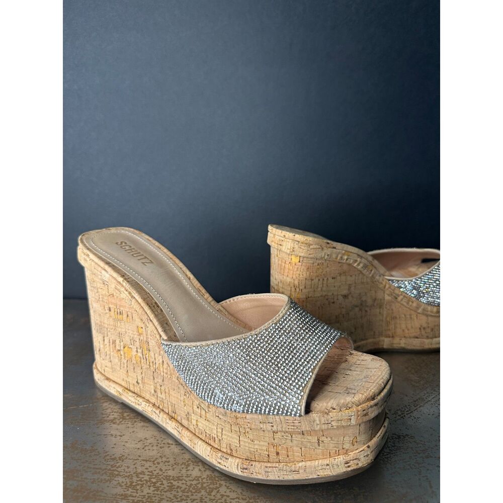 Schutz Platform Sandal 11 Wedge Cork Mules Embellished Crystal Sparkly Dalle